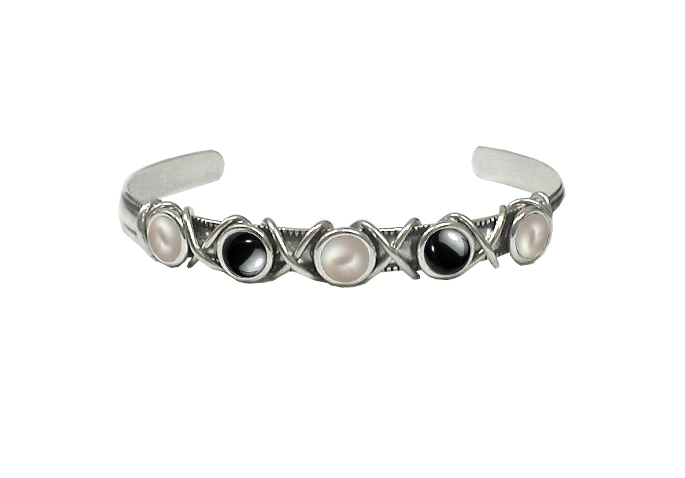 Sterling Silver Cuff Bracelet With Cultured Freshwater Pearl And Hematite